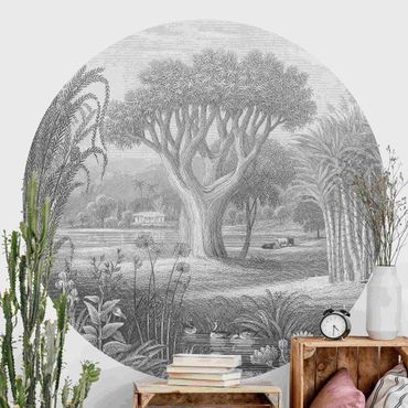 Self-adhesive round wallpaper - Tropical Copperplate Engraving Garden With Pond In Grey