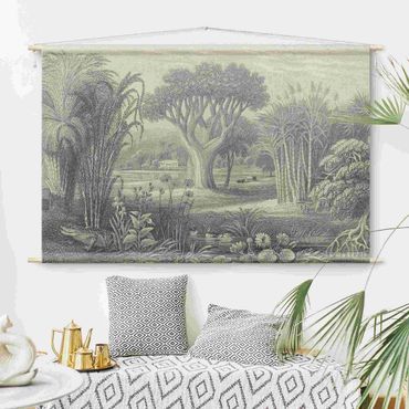Tapestry - Tropical Copperplate Engraving Garden With Pond In Grey