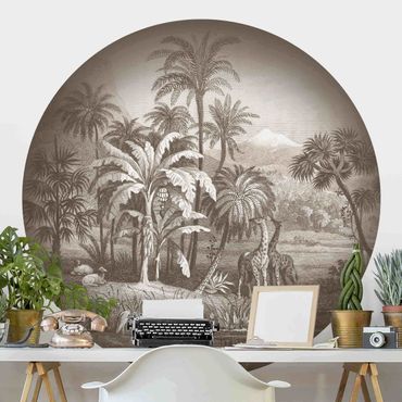 Self-adhesive round wallpaper - Tropical Copperplate Engraving With Giraffes In Brown