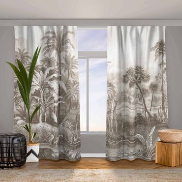 Curtain - Tropical Copperplate Engraving With Giraffes In Brown