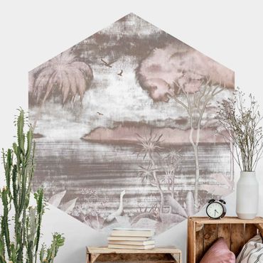 Self-adhesive hexagonal wallpaper - Tropical Lake in pink