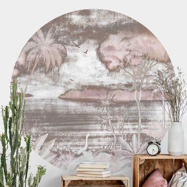 Self-adhesive round wallpaper - Tropical Lake in pink