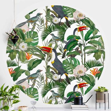 Self-adhesive round wallpaper - Tropical Toucan With Monstera And Palm Leaves