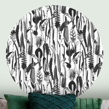 Self-adhesive round wallpaper - Tropical Luxury Pattern Black And White