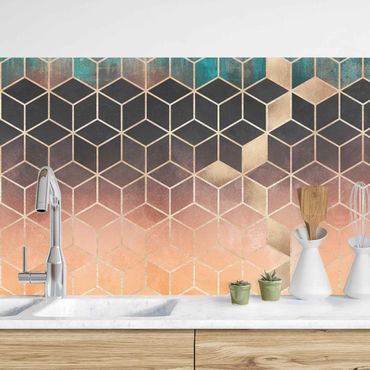 Kitchen wall cladding - Turquoise Rosé Golden Geometry II