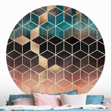 Self-adhesive round wallpaper - Turquoise Rosé Golden Geometry