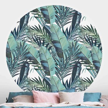 Self-adhesive round wallpaper - Turquoise Leaves Jungle Pattern