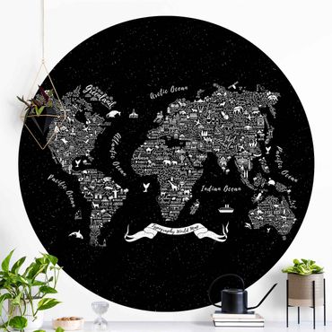 Self-adhesive round wallpaper kids - Typography World Map Black