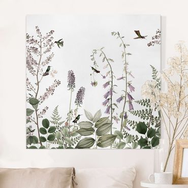 Print on canvas - Playful hummingbirds among bellflowers - Square 1:1