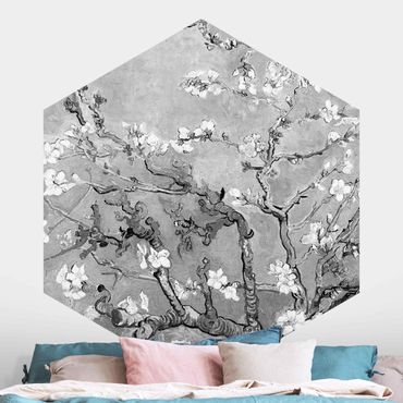 Self-adhesive hexagonal pattern wallpaper - Vincent Van Gogh - Almond Blossom Black And White
