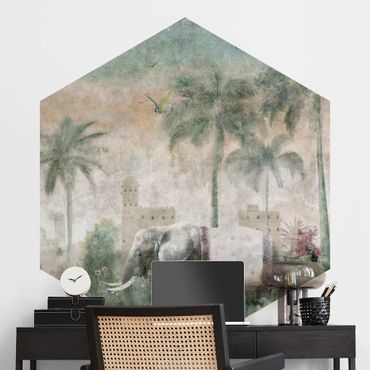 Self-adhesive hexagonal wallpaper - Vintage Jungle Scene with Elephant