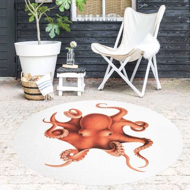 Vinyl Floor Mat round - Vintage Illustration Red Octopus