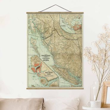 Fabric print with poster hangers - Vintage Map British Columbia - Portrait format 3:4