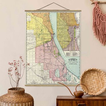 Fabric print with poster hangers - Vintage Map Chicago - Portrait format 3:4
