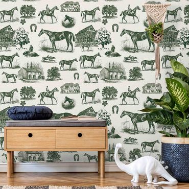Wallpaper - Vintage Horse Pattern Dark Green