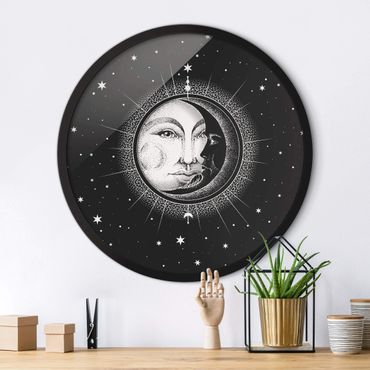Circular framed print - Vintage Sun And Moon Illustration
