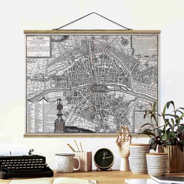 Fabric print with poster hangers - Vintage Map City Of Paris Around 1600 - Landscape format 4:3