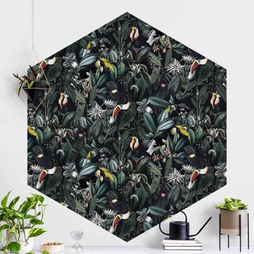 Self-adhesive hexagonal pattern wallpaper - Birds In Dark Botany