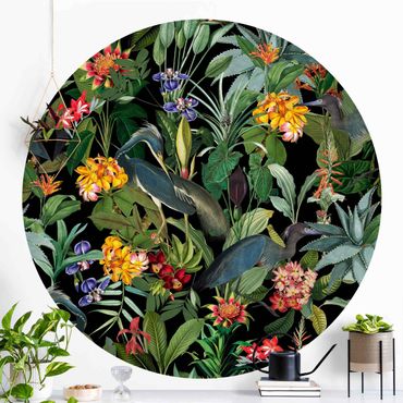 Self-adhesive round wallpaper - Birds With Tropical Flowers
