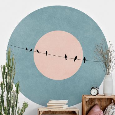 Self-adhesive round wallpaper - Birds In Front Of Pink Sun I