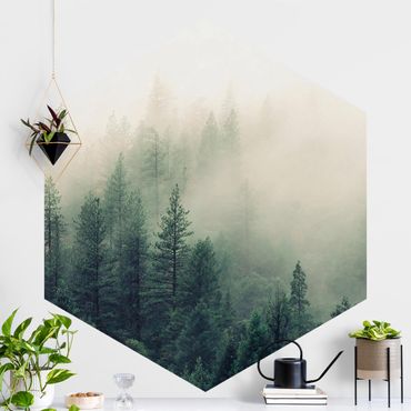 Self-adhesive hexagonal pattern wallpaper - Foggy Forest Awakening
