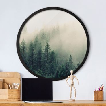 Circular framed print - Foggy Forest Awakening