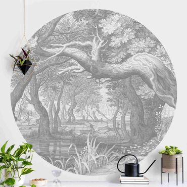 Self-adhesive round wallpaper - Forest Copperplate Engraving