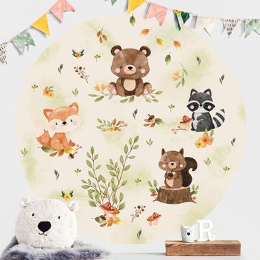 Self-adhesive round wallpaper - Forest Animals Autumn Bear Squirrel Raccoon
