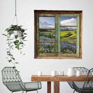 Wall sticker - Window View of a Mountain Meadow With Flowers in Front of Mt. Rainier