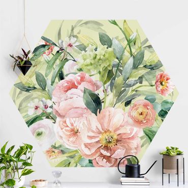 Self-adhesive hexagonal pattern wallpaper - Watercolour Pink Flower Bouquet