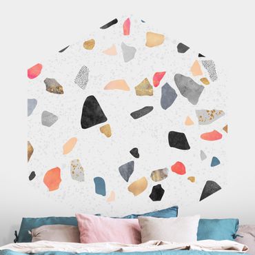 Self-adhesive hexagonal pattern wallpaper - White Terrazzo With Gold Stones