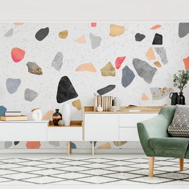 Wallpaper - White Terrazzo With Gold Stones