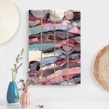 Print on wood - Surfing Waves In Purple With Pink Gold