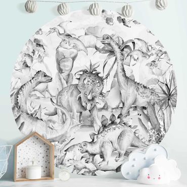 Self-adhesive round wallpaper - World Of Dinosaurs Black and White