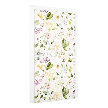 Door wallpaper - Wildflowers and White Roses Watercolour Pattern