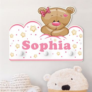 Coat rack for children - Clouds Teddy Pink With Customised Name
