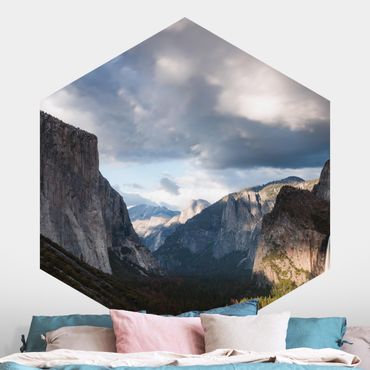 Self-adhesive hexagonal pattern wallpaper - Clouds Over Mountainous Landscape