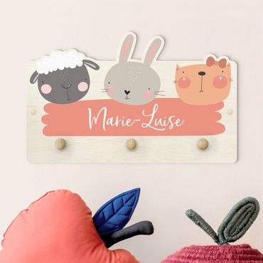 Coat rack for children - Customised Name Cute Zoo - Sheep Rabbit And Cat