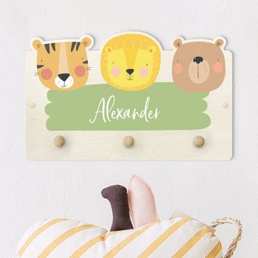 Coat rack for children - Customised Name Cute Zoo - Tiger Lion And Bear