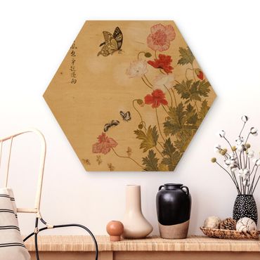 Wooden hexagon - Yuanyu Ma - Poppy Flower And Butterfly