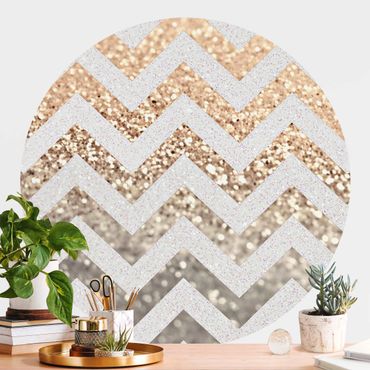 Self-adhesive round wallpaper - Zigzag Lines With Golden Glitter and Silver