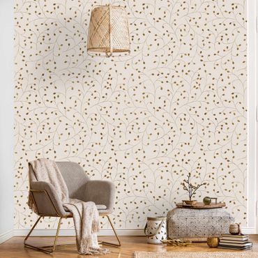 Wallpaper - Delicate Branch Pattern With Dots In Gold