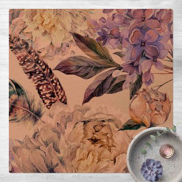 Cork mat - Delicate Watercolour Boho Flowers And Feathers Pattern - Square 1:1