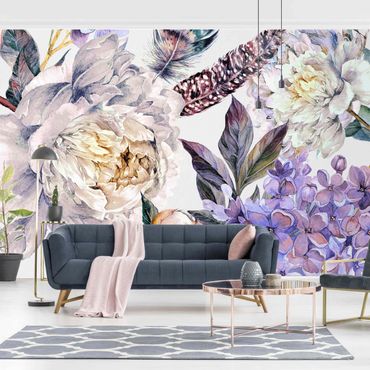 Walpaper - Delicate Watercolour Boho Flowers And Feathers Pattern