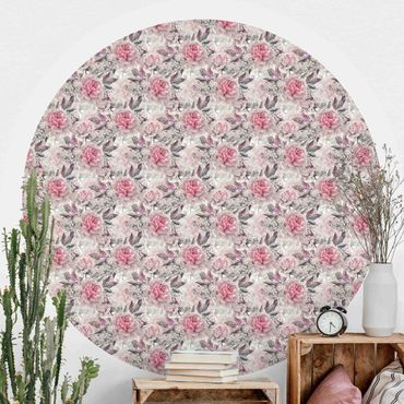 Self-adhesive round wallpaper - Delicate Watercolour Peony Pattern