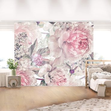 Sliding curtain set - Watercolour Storks In Flight With Roses On Pink - Panel