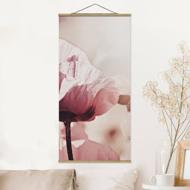 Fabric print with poster hangers - Pale Pink Poppy Flower With Water Drops - Portrait format 1:2