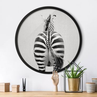 Circular framed print - Zebra From Behind Black And White