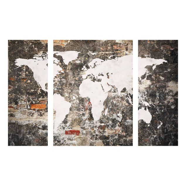 Glass print 3 parts - Old Wall World Map