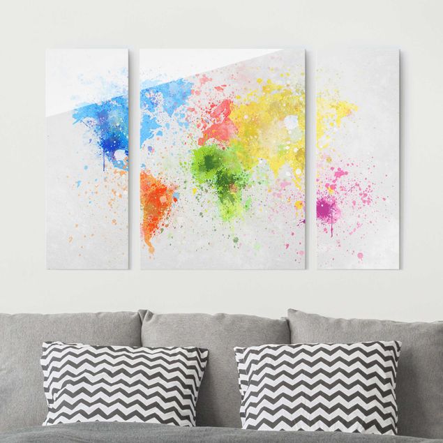 Glass print 3 parts - Colourful Splodges World Map